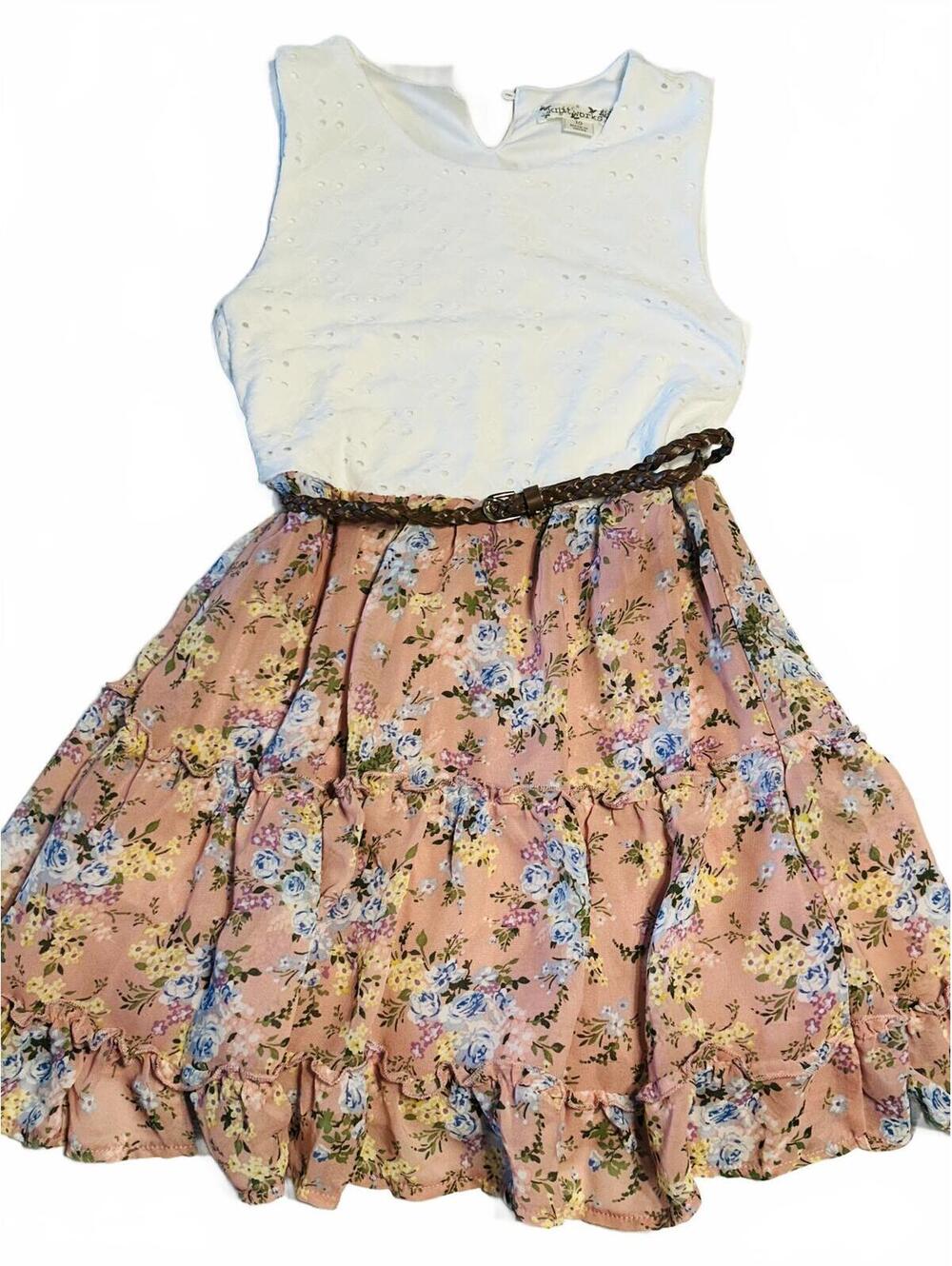 Knit Works girls dress white top, floral skirt and brown braided belt size 10